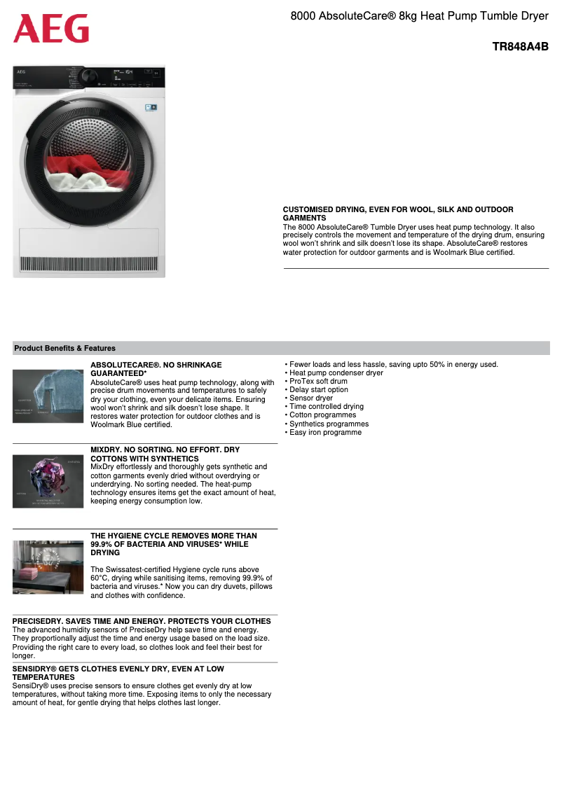 Page 1 de la notice Fiche technique AEG TR848A4B