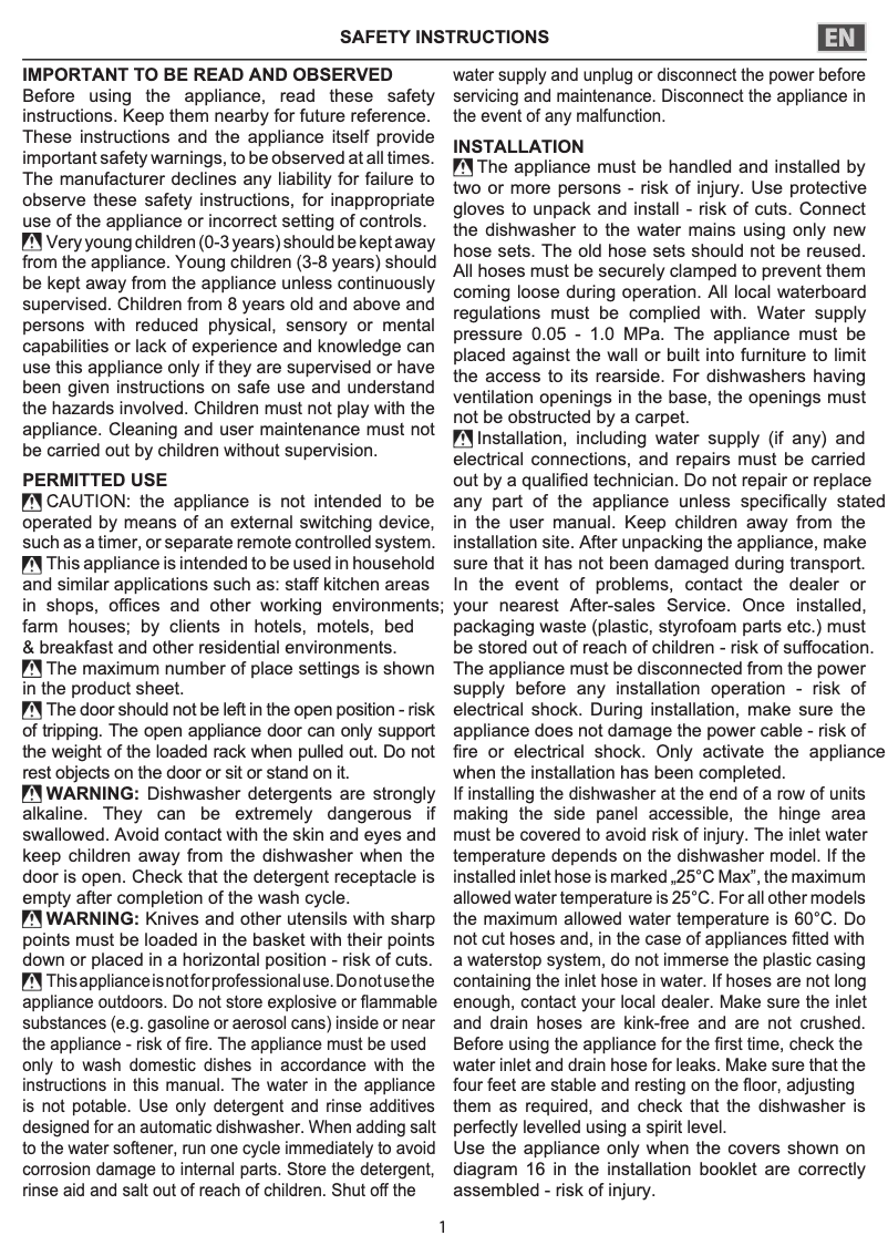 Page 1 de la notice Instructions de sécurité Indesit DIC 3B+16 A S