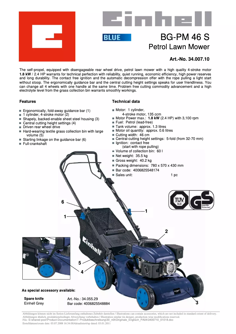 Page n°1 - Fiche technique Einhell BG-PM 46 S