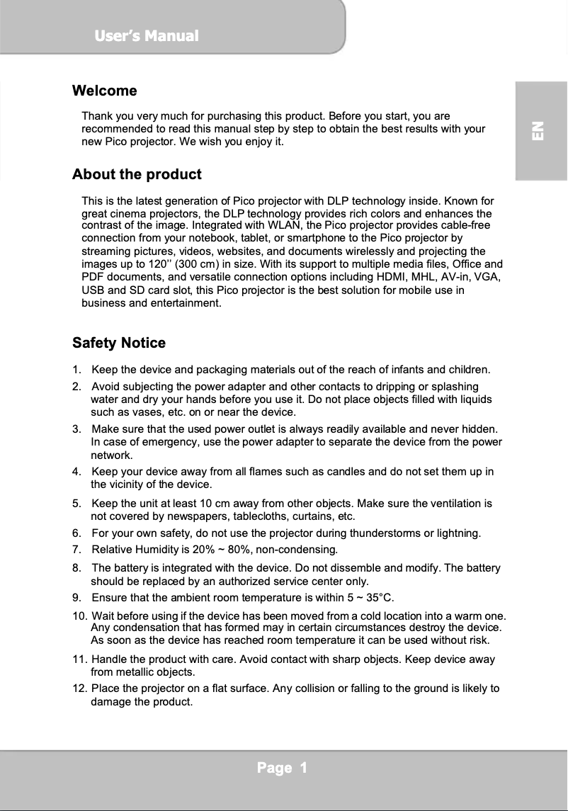 Page 1 de la notice Manuel utilisateur Aiptek PocketCinema V150W