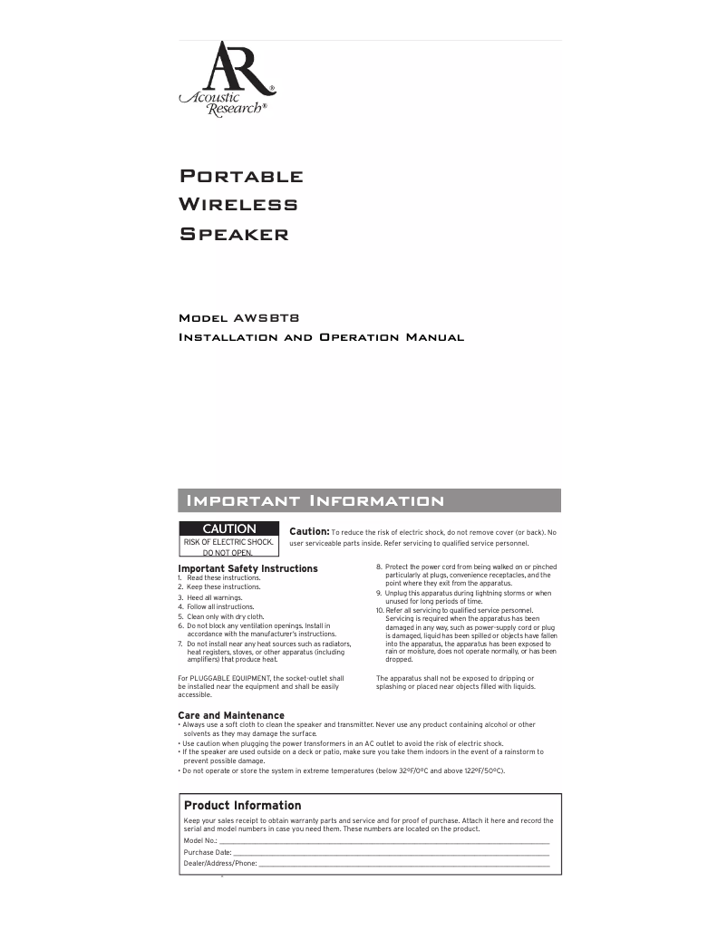 Image de la première page du manuel de l'appareil AWSBT8