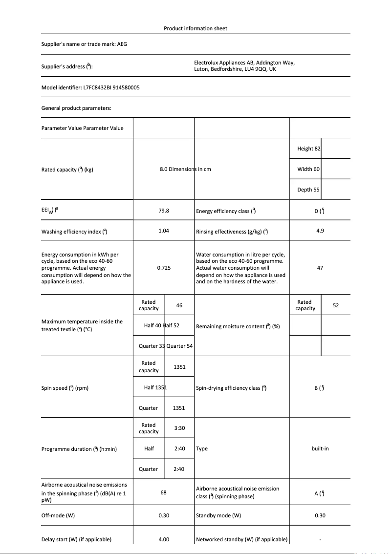 Page 1 de la notice Fiche technique AEG L7FC8432BI