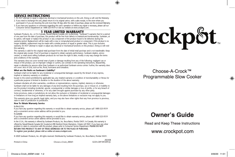 Image de la première page du manuel de l'appareil Choose-A-Crock CPSCVC60CC2-S