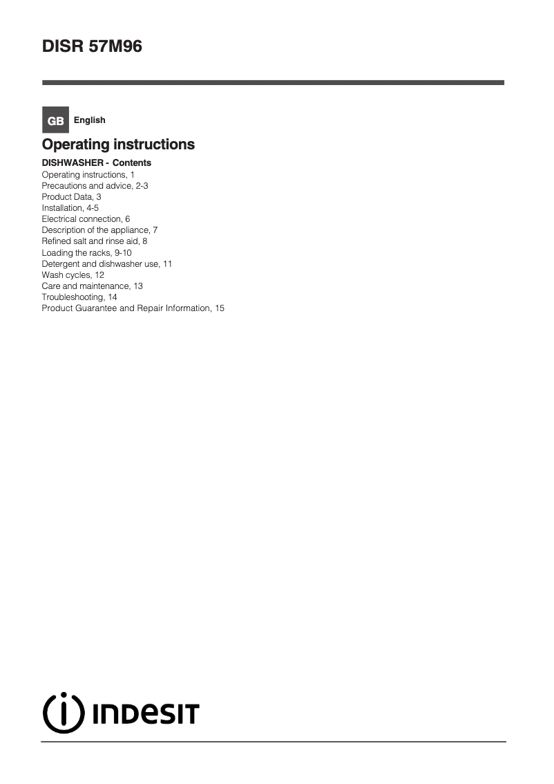 Page 1 de la notice Mode d'emploi Indesit DISR 57M96 Z UK