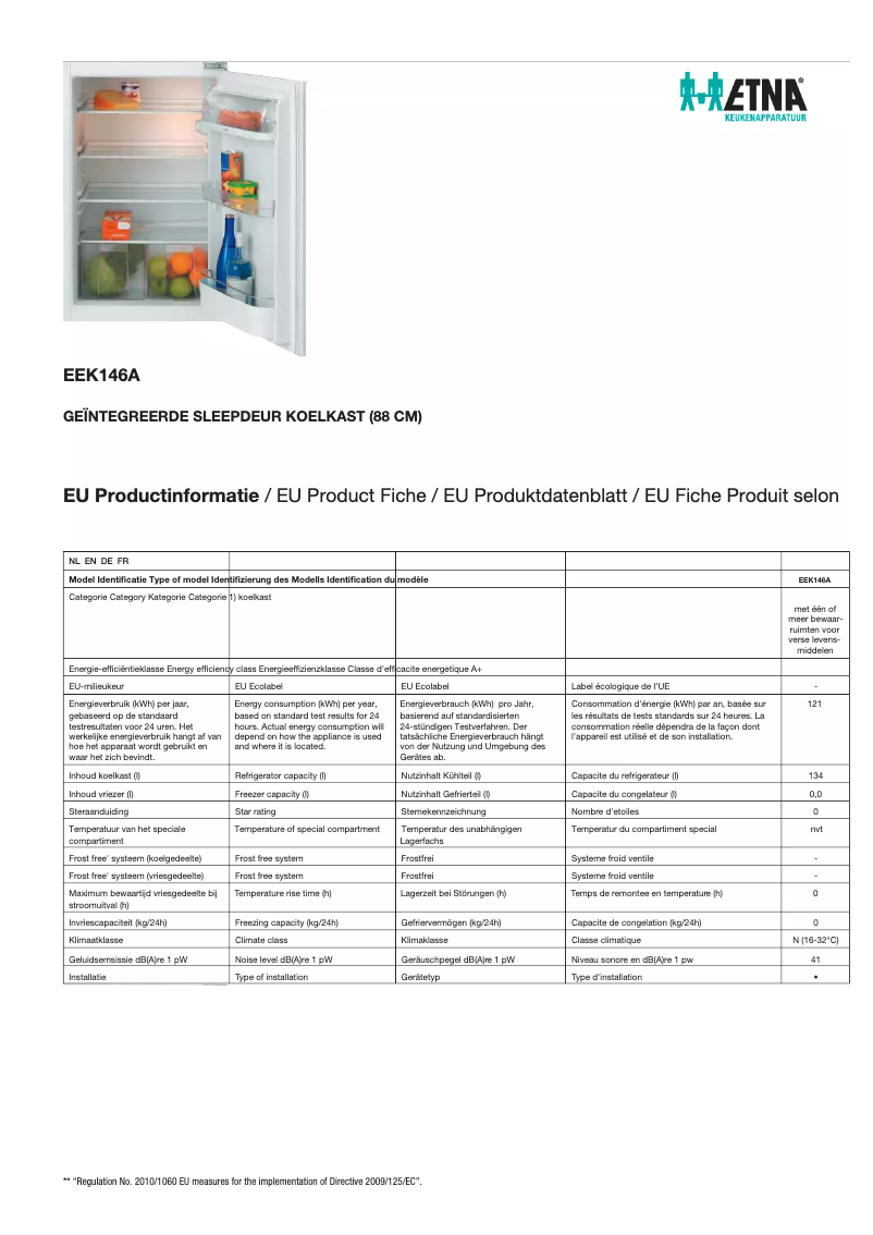 Page 1 de la notice Fiche technique Etna EEK146A