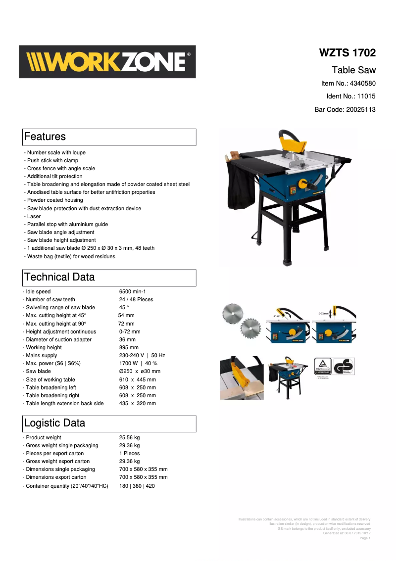 Page 1 de la notice Fiche technique Workzone WZTS 1702