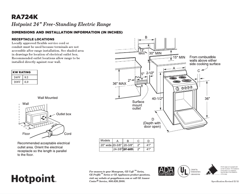 Page 1 de la notice Fiche technique Hotpoint RA724KWH