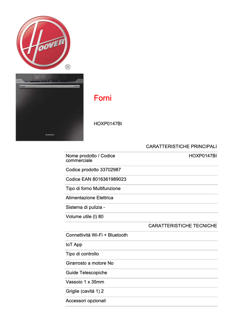 Page n°1 - Fiche technique Hoover HOXP0147BI