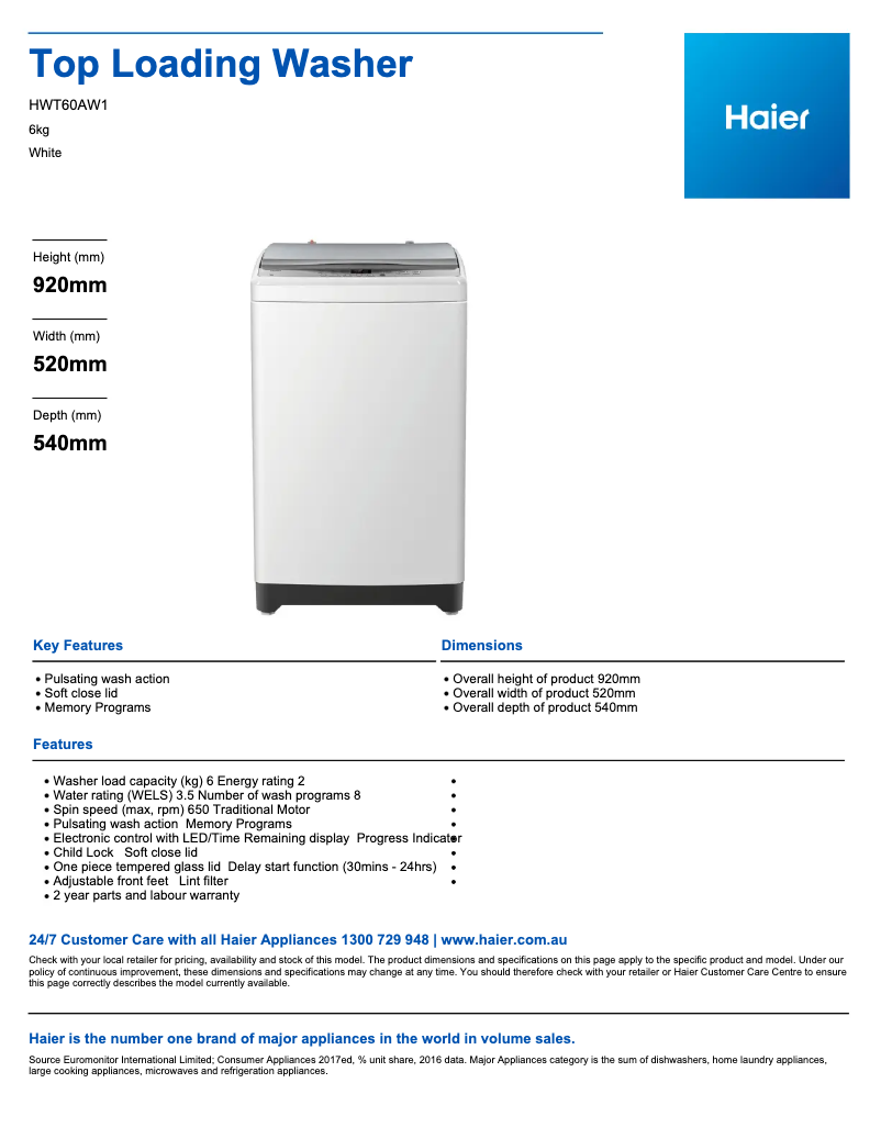 Page 1 de la notice Fiche technique Haier HWT60AW1