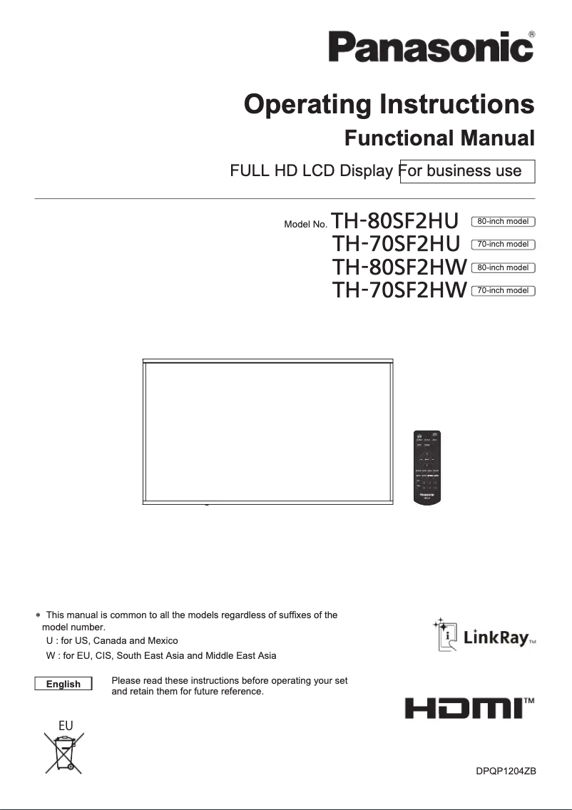 Page 1 de la notice Manuel utilisateur Panasonic TH-70SF2HW