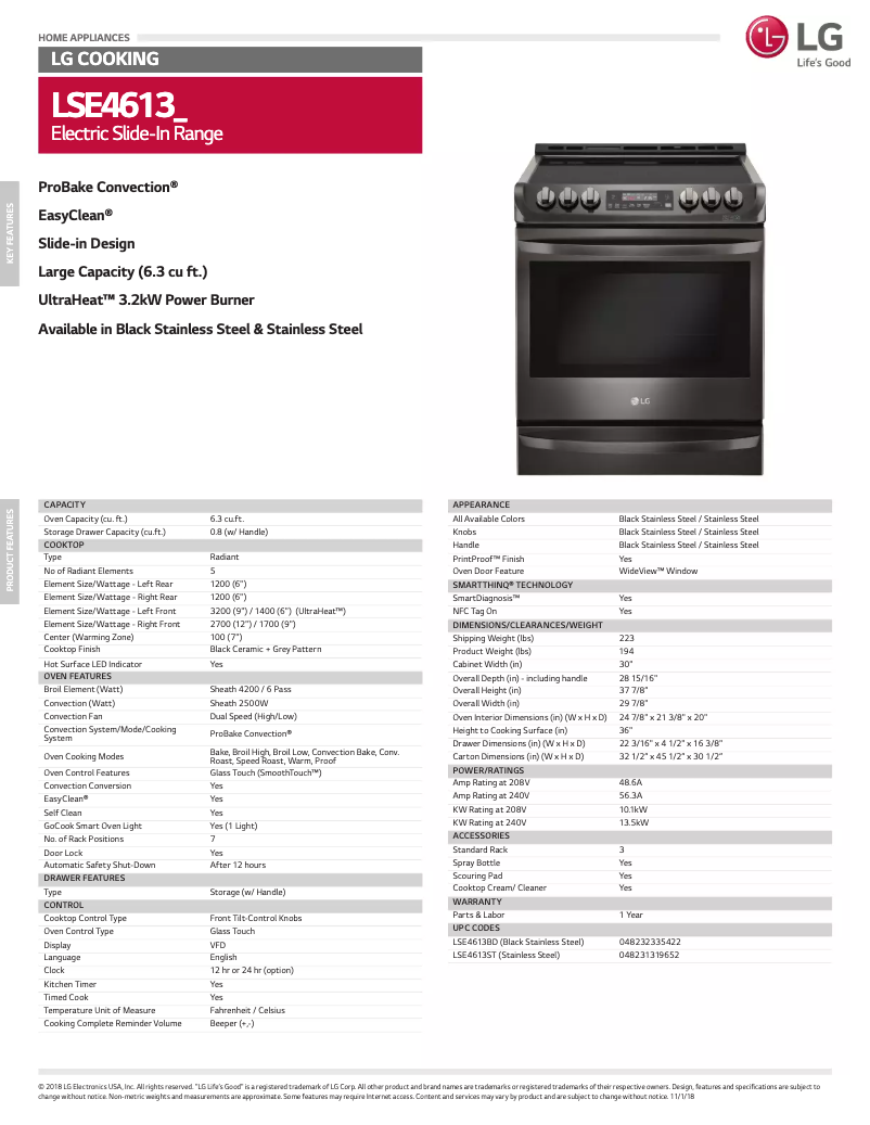 Page 1 de la notice Fiche technique LG LSE4613ST