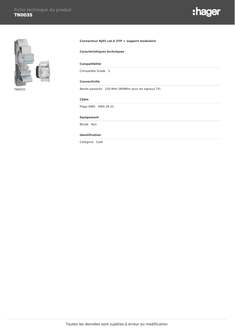 Page 1 de la notice Fiche technique Hager TN003S