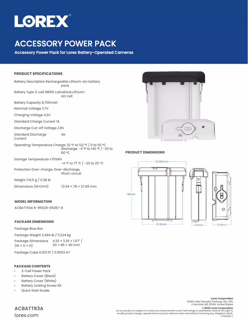 Page 1 de la notice Fiche technique Lorex ACBATTR3A