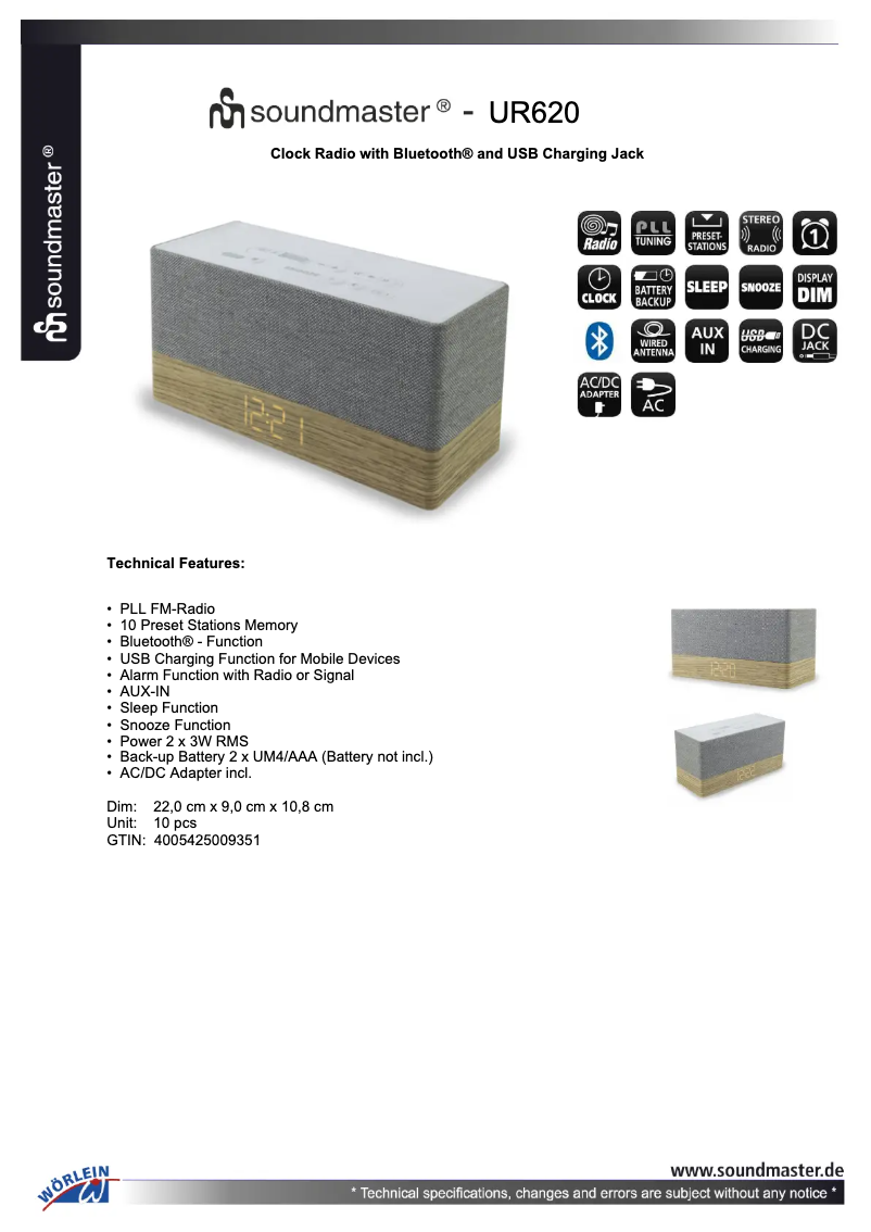 Page 1 de la notice Fiche technique Soundmaster UR620
