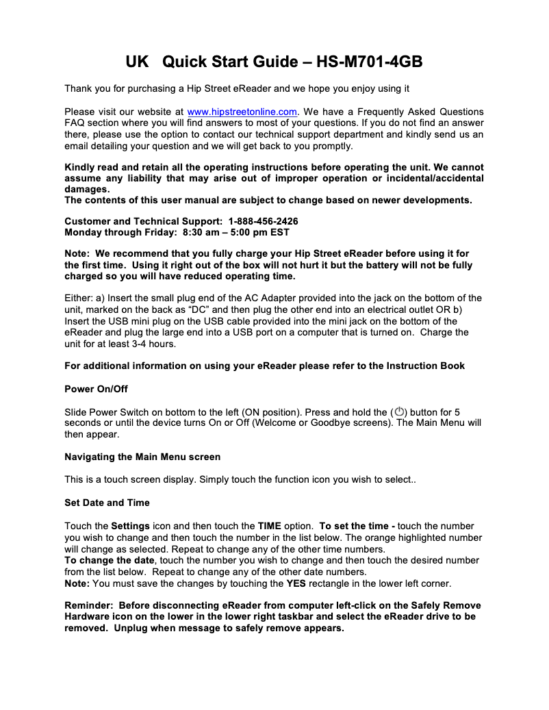 Page n°1 - Manuel utilisateur Hipstreet HS-M701