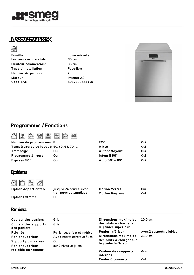 Page n°1 - Fiche technique Smeg LVS262DSX
