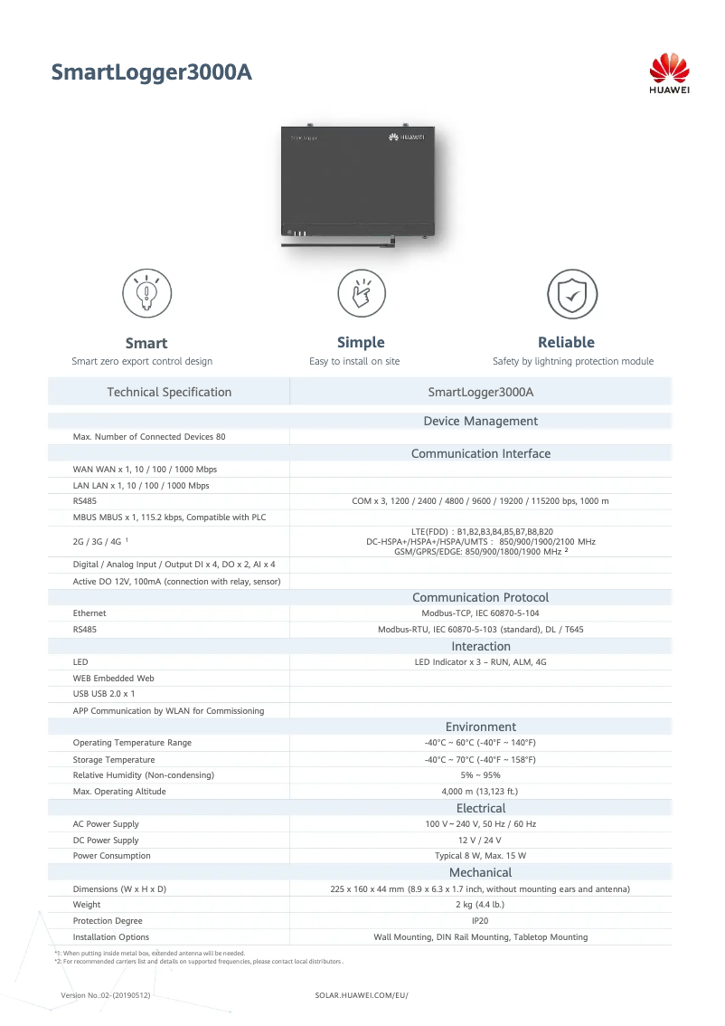 Page 1 de la notice Fiche technique Huawei SmartLogger3000A