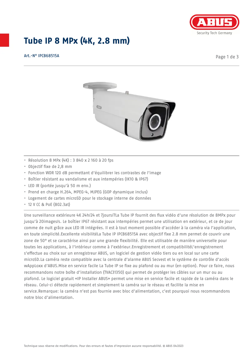 Page n°1 - Fiche technique Abus IPCB68515A