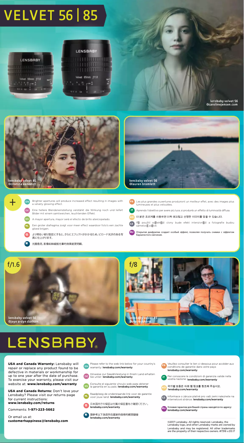 Page 1 de la notice Manuel utilisateur Lensbaby Velvet 56mm f/1.6