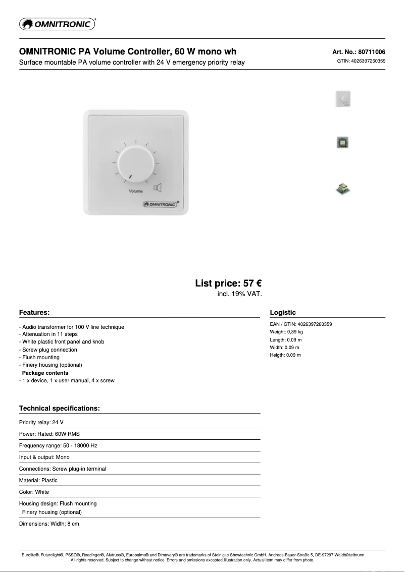Page n°1 - Fiche technique Omnitronic PA Volume Controller