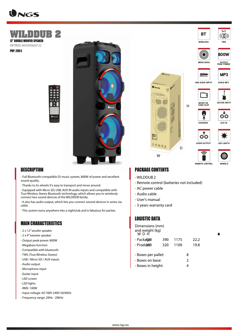 Page 1 de la notice Fiche technique NGS WILD DUB 2