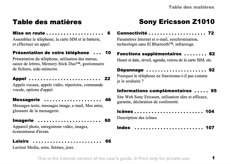 Page 1 de la notice Manuel utilisateur Sony Ericsson Z1010