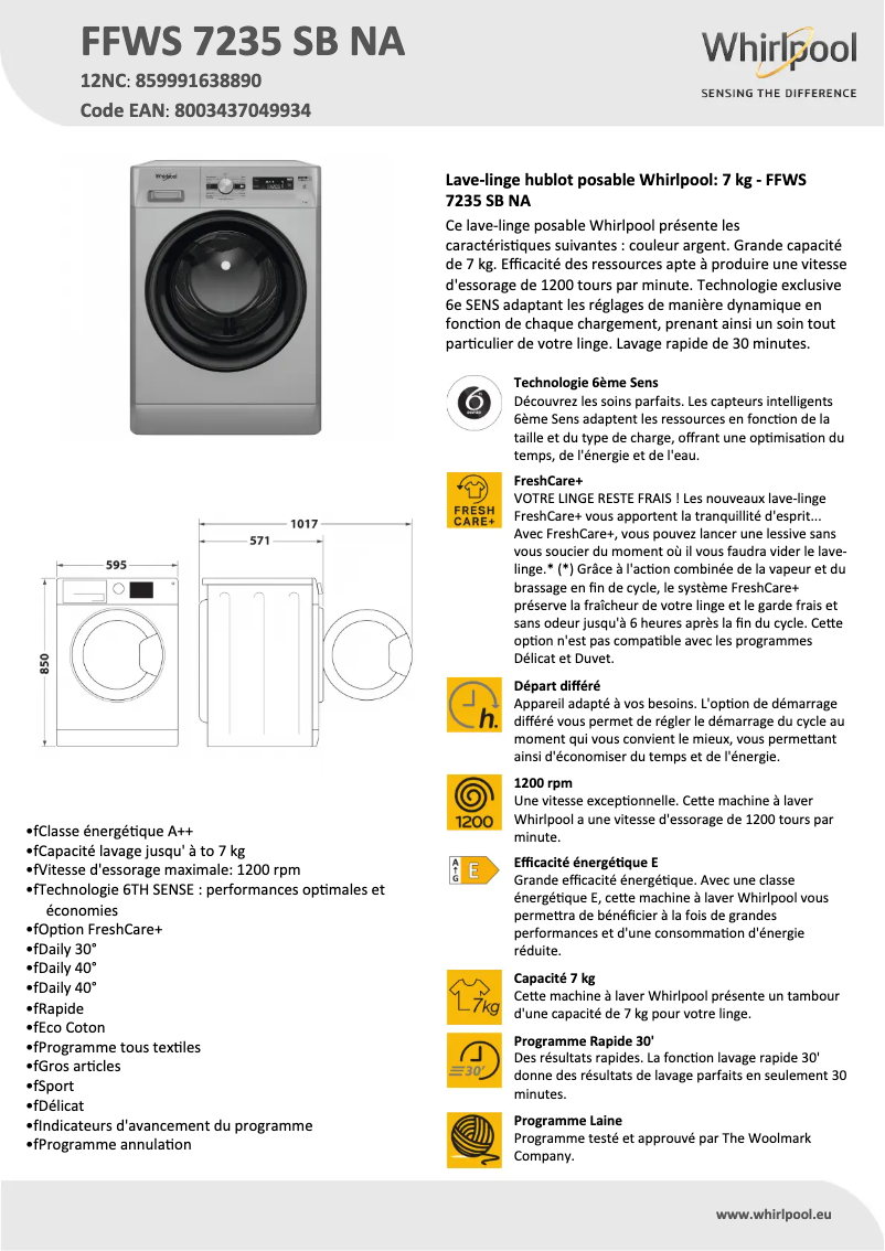 Página 1 del manual Ficha técnica Whirlpool FFWS 7235 SB