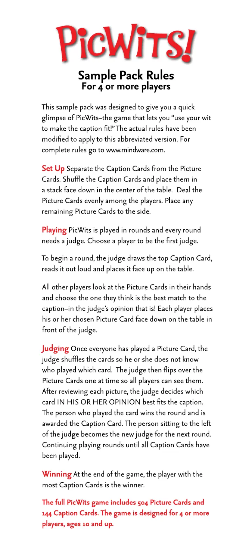 Page n°1 - Manuel utilisateur MindWare PicWits!