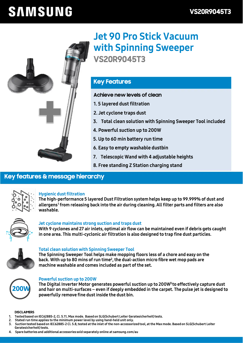 Page 1 de la notice Fiche technique Samsung VS20R9045T3