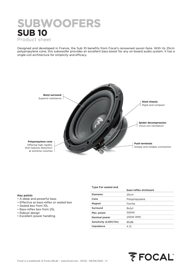 Page 1 de la notice Fiche technique Focal Sub 10