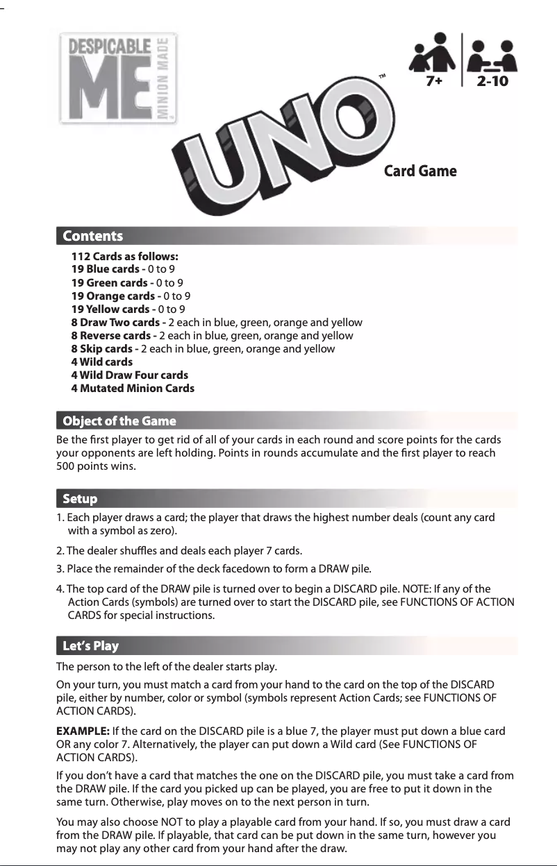 Page 1 de la notice Manuel utilisateur Mattel UNO