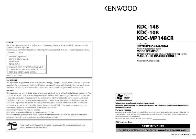 Page n°1 - Manuel utilisateur Kenwood KDC-148