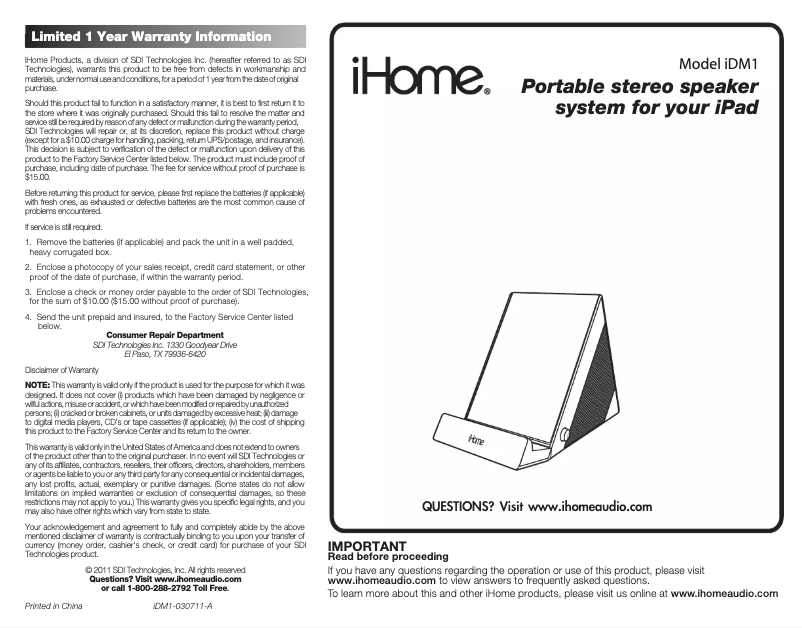 Página 1 del manual Manual de usuario iHome iDM1