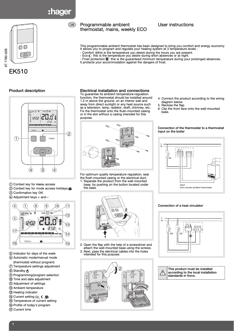 Page 1 de la notice Instructions / montage Hager EK510