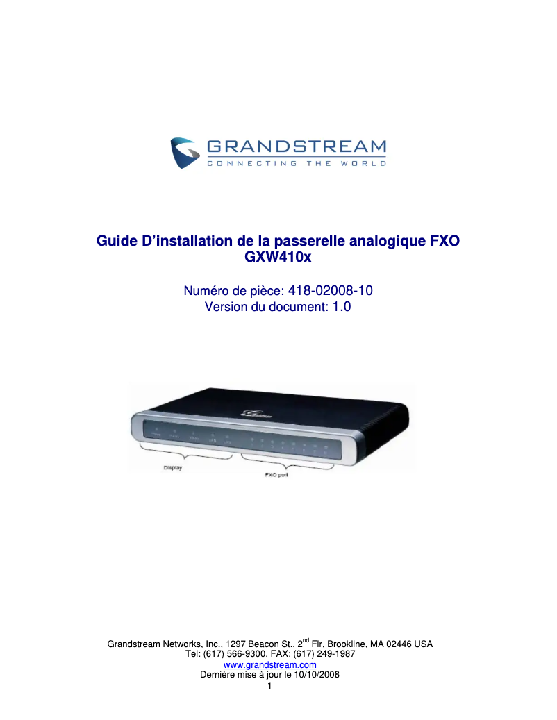 Page 1 de la notice Guide de démarrage rapide Grandstream GXW4108