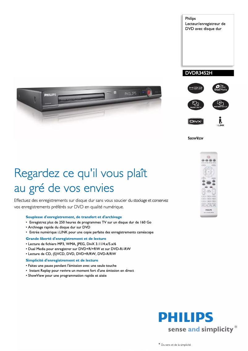 Page 1 de la notice Fiche technique Philips DVDR3452H