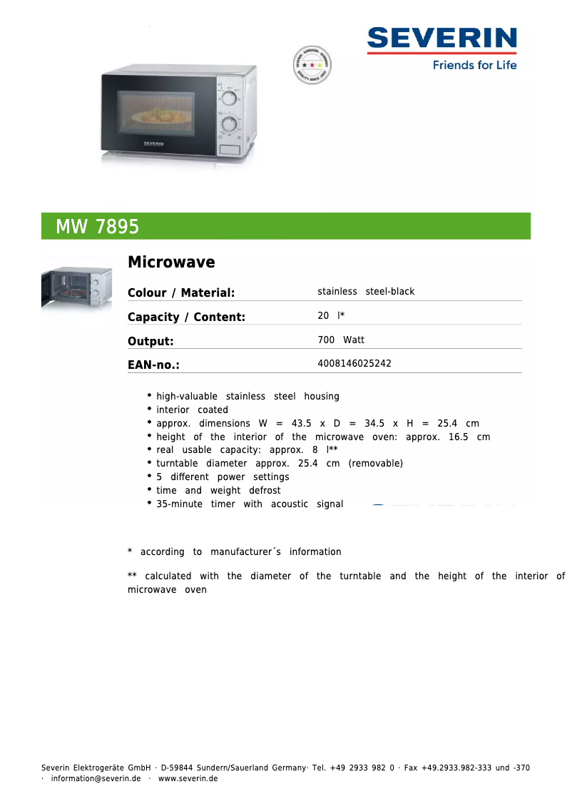 Page 1 de la notice Fiche technique Severin MW 7895