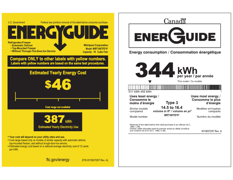 Page 1 de la notice Label énergétique Whirlpool WRT106TFDB