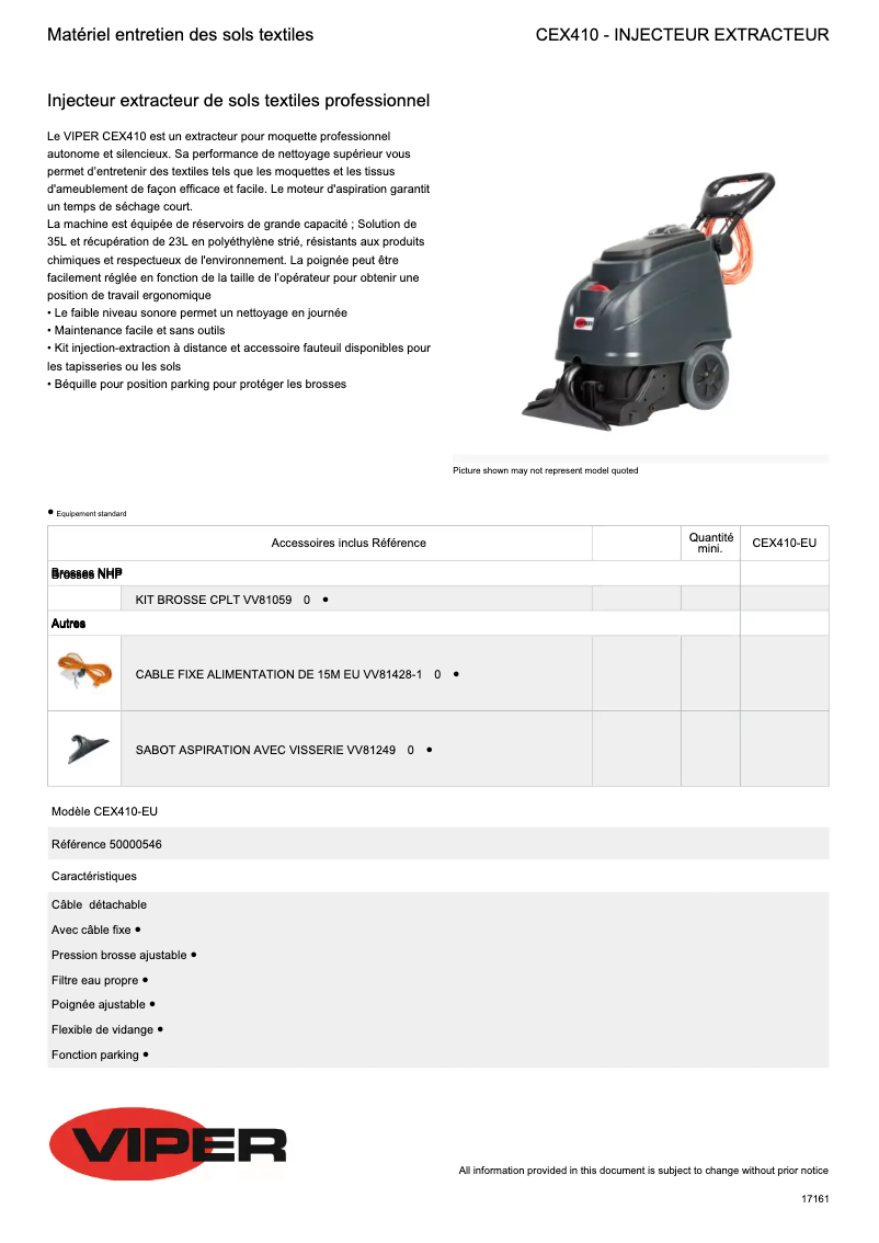 Page 1 de la notice Fiche technique Nilfisk Viper CEX410