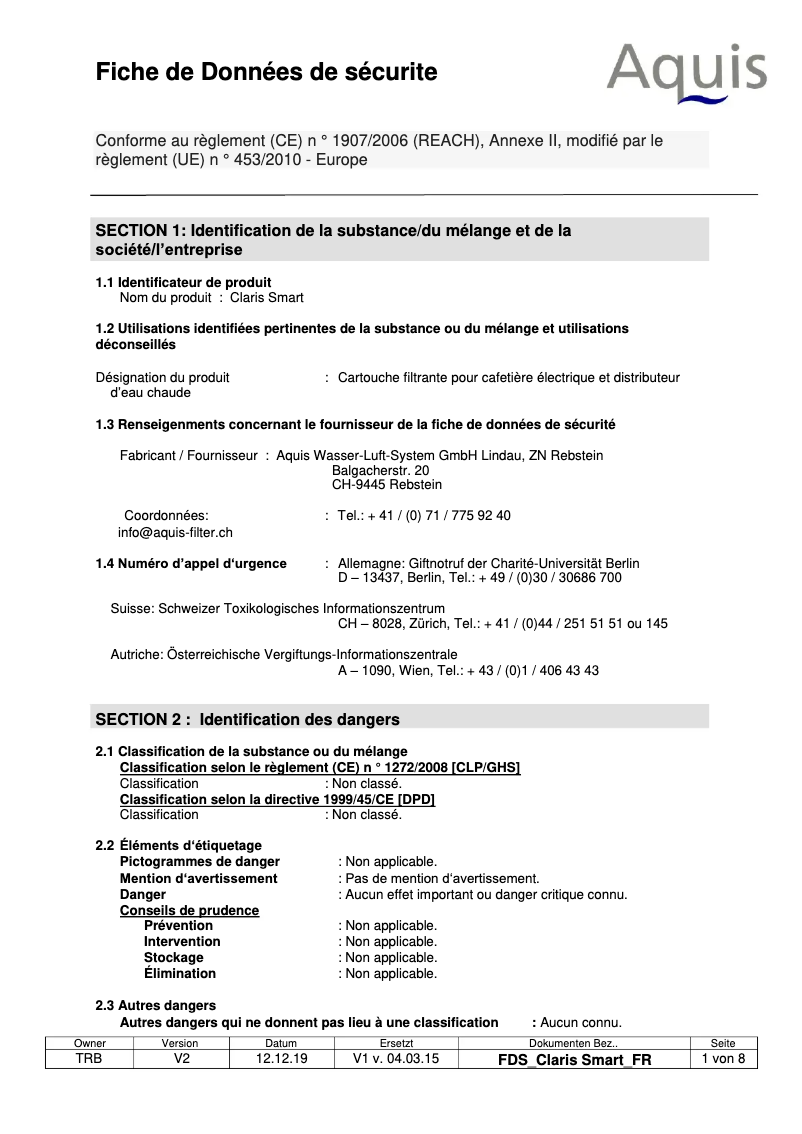 Page 1 de la notice Manuel utilisateur Jura ClarisSmart 71793