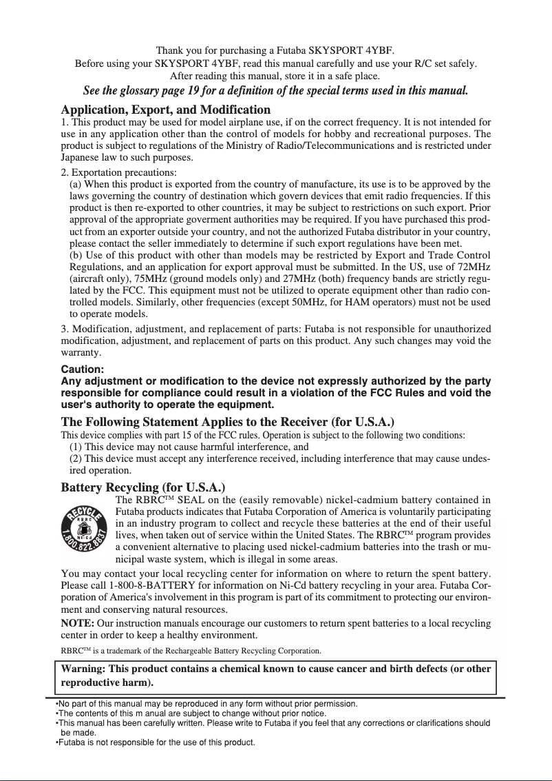 Page 1 de la notice Manuel utilisateur Futaba SKYSPORT_4YBF