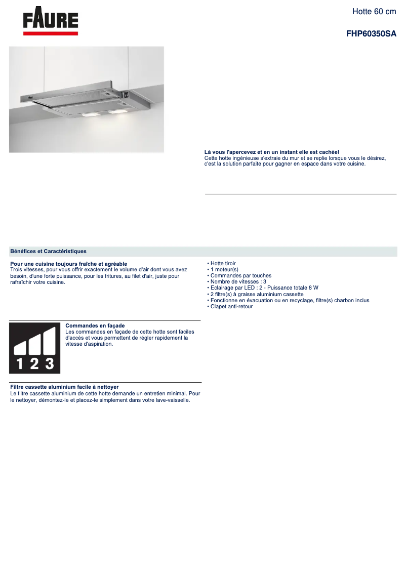 Page 1 de la notice Fiche technique Electrolux FHP60350SA