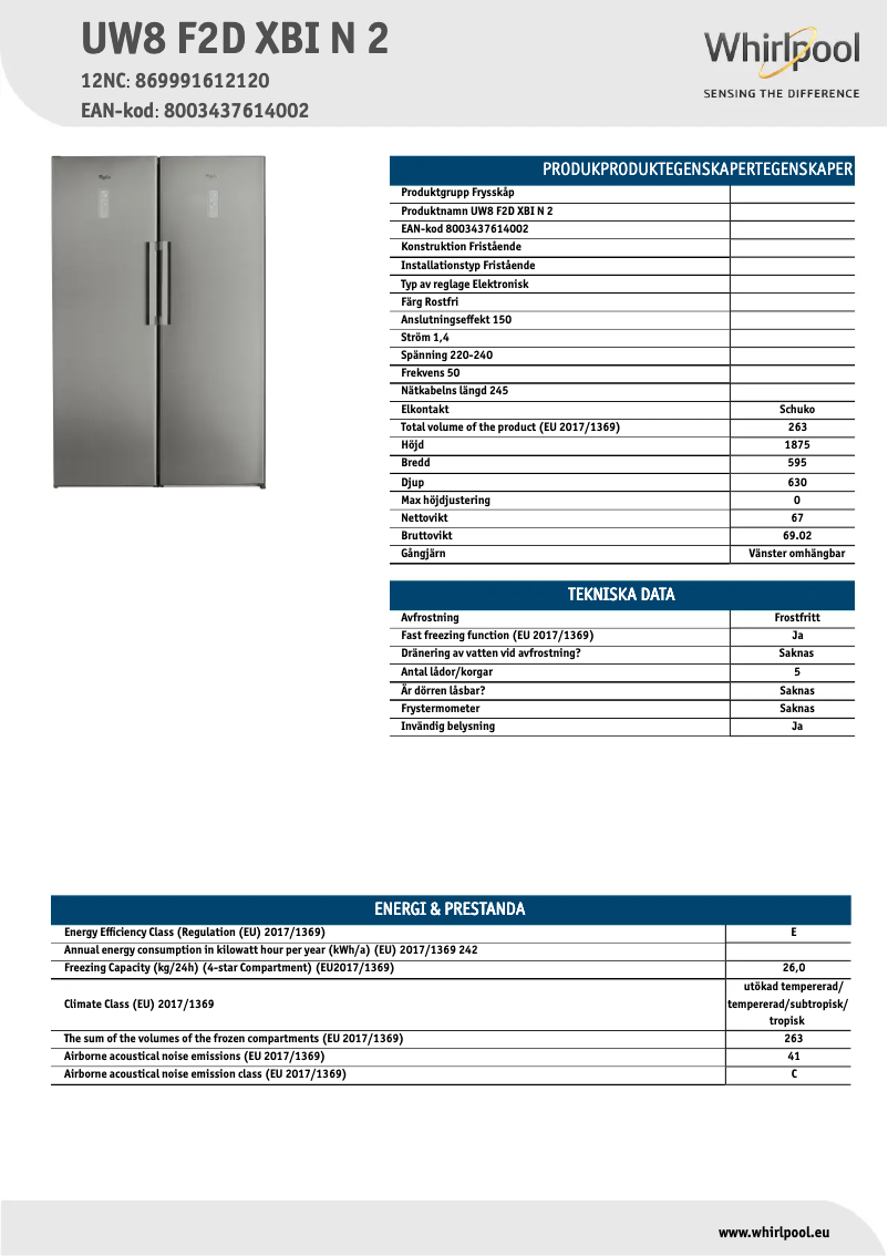 Page 1 de la notice Fiche technique Whirlpool UW8 F2D XBI N 2