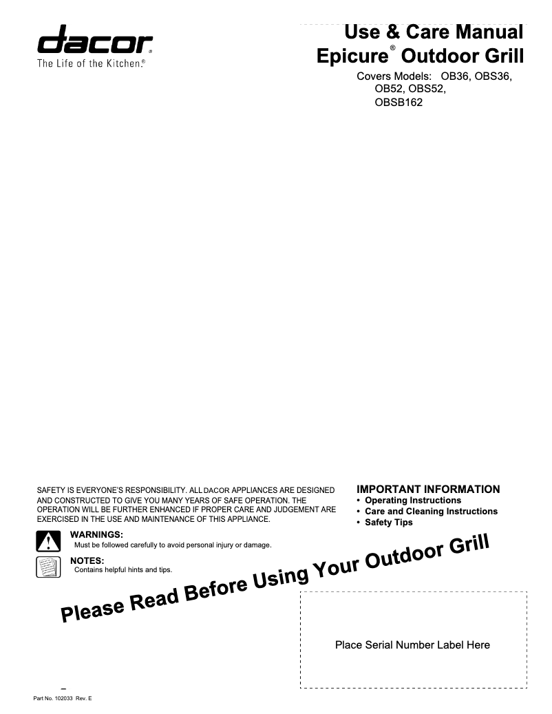 Page 1 de la notice Manuel utilisateur Dacor OB36