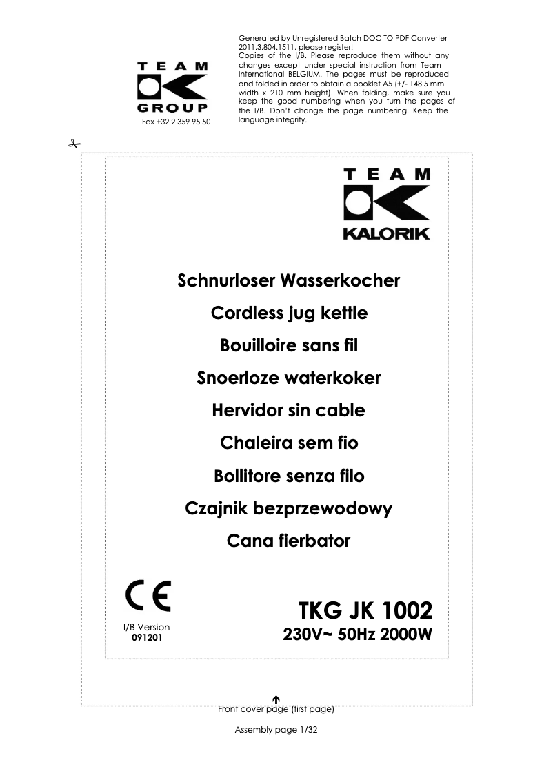 Image de la première page du manuel de l'appareil TKG JK 1002