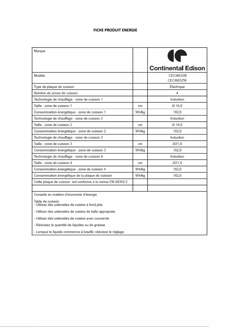 Page 1 de la notice Label énergétique Continental Edison CECI603ZB