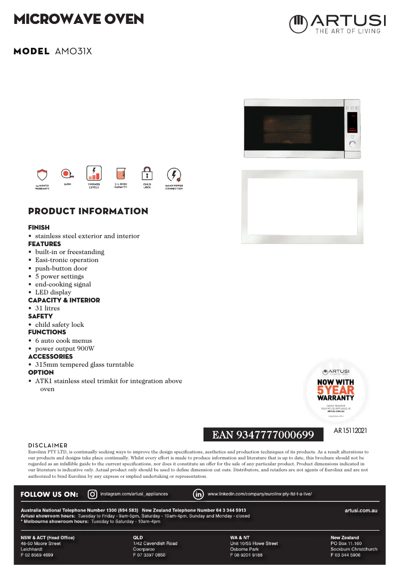 Page 1 de la notice Fiche technique Artusi AMO31X