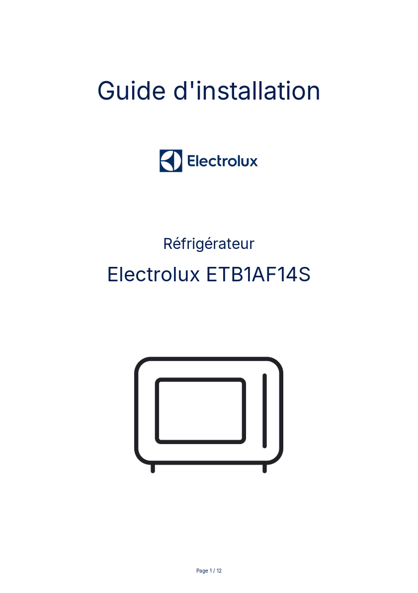 Page n°1 - Guide d'installation Electrolux ETB1AF14S