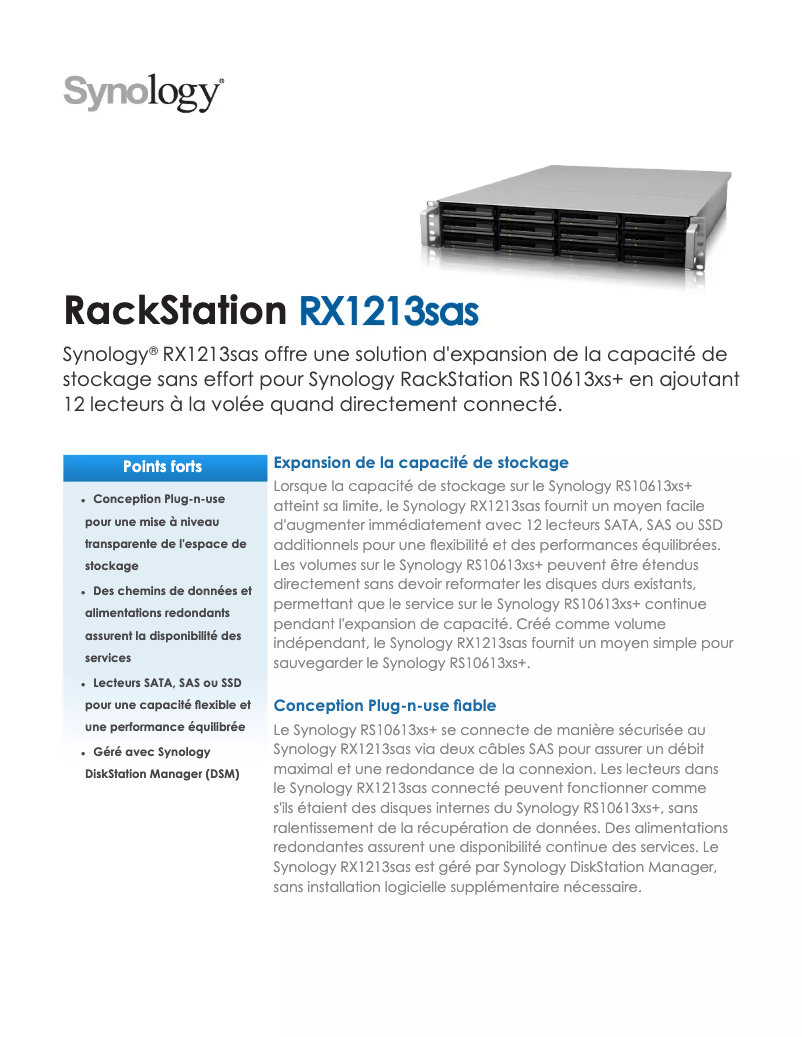 Page 1 de la notice Fiche technique Synology RX1213SAS
