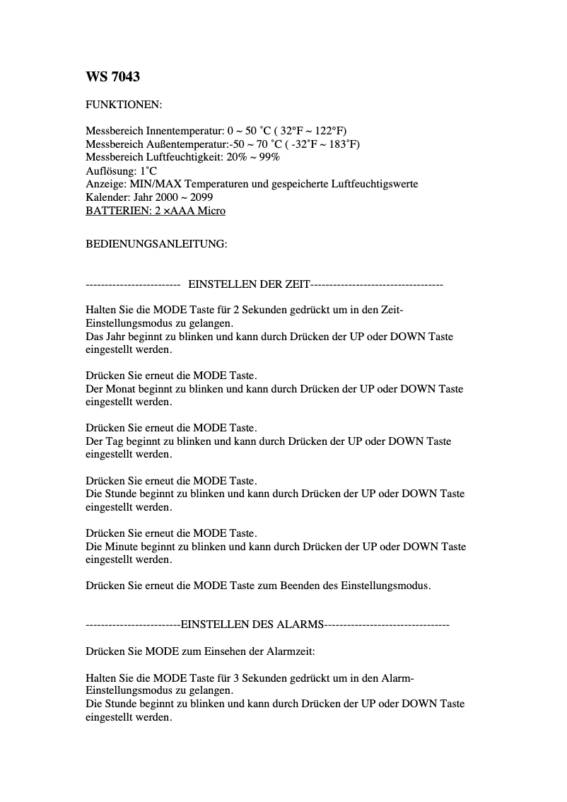 Image de la première page du manuel de l'appareil WS 7043